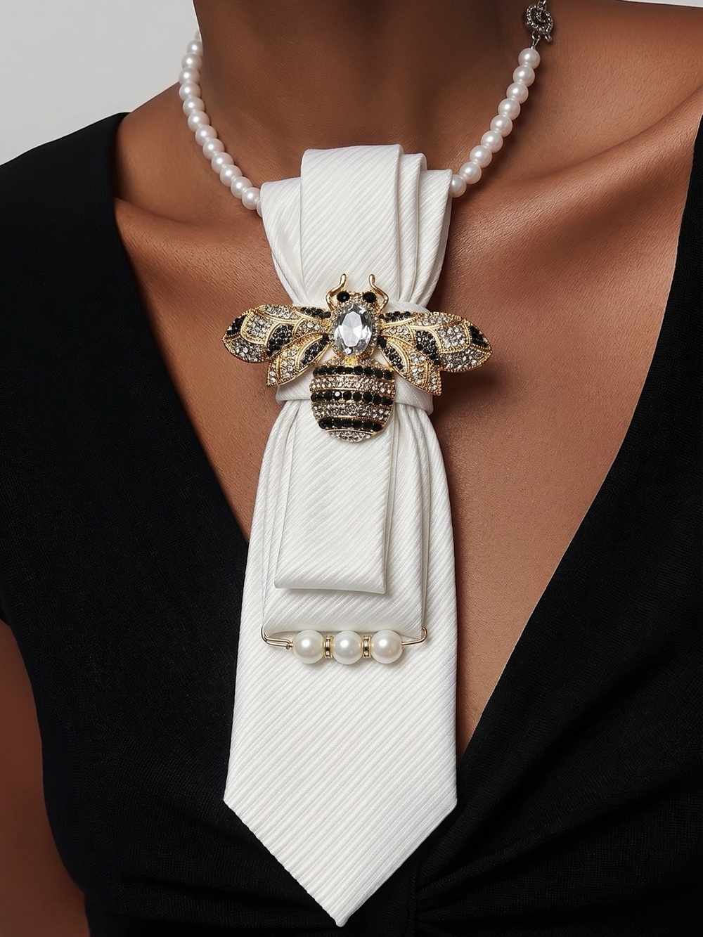 Elegant White Pearl Tie  Necklace with Gold & Black Bumblebee Pendant